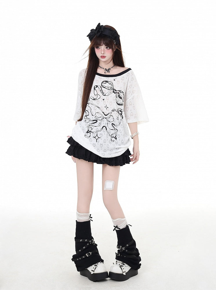 Back Bowknot Print Big Backless T-Shirt Bow White Semi-sheer