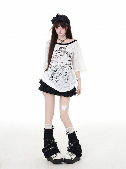 Back Bowknot Print Big Backless T-Shirt Bow White Semi-sheer