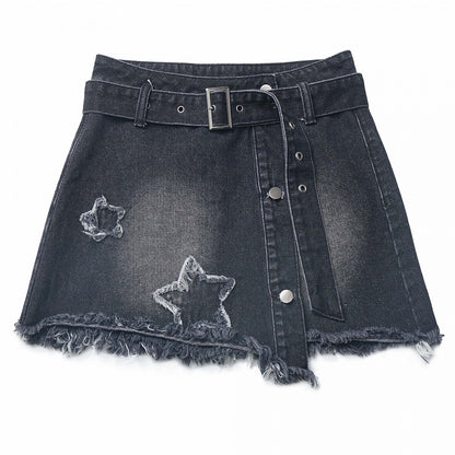Y2K Black Star Appliques Raw Hem Denim Skirt with Buckle Belt
