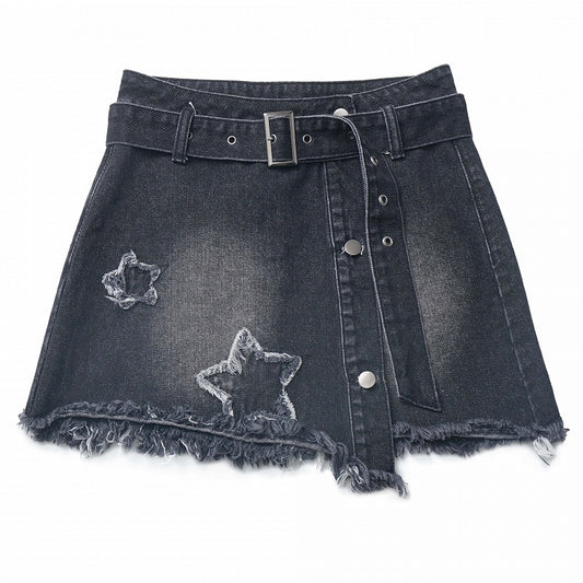 Y2K Black Star Appliques Raw Hem Denim Skirt with Buckle Belt