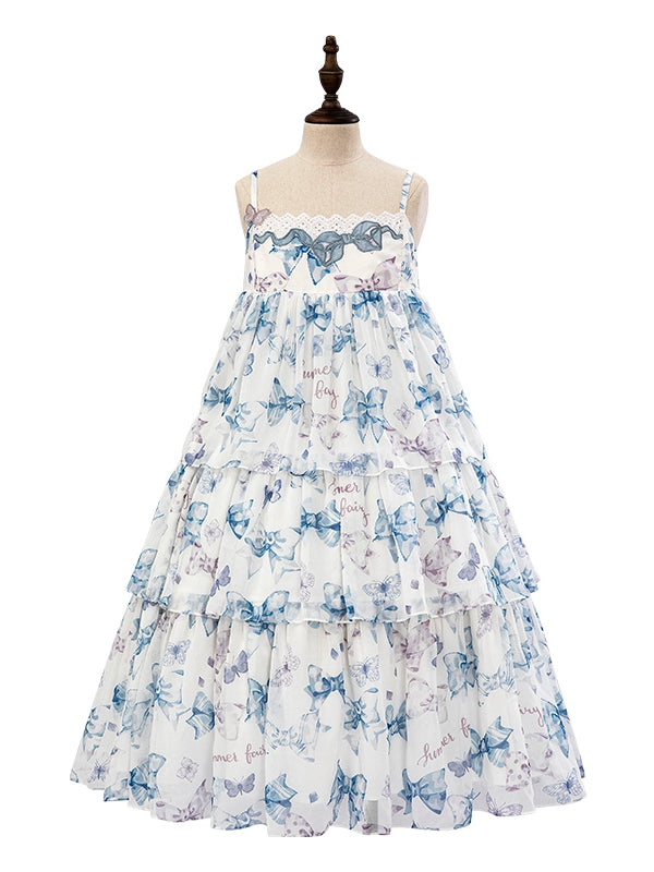 Robe Lolita d'été bleue taille haute avec imprimé nœuds et jupe à volants