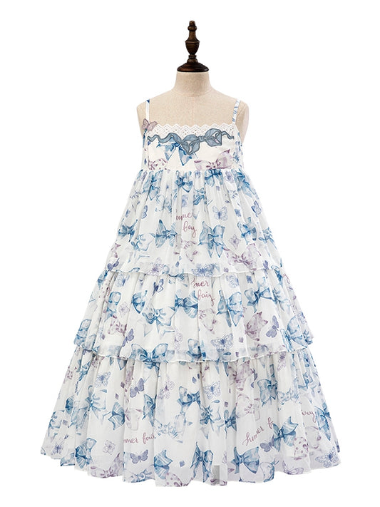 Robe Lolita d'été bleue taille haute avec imprimé nœuds et jupe à volants
