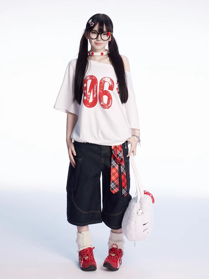Vintage Number Print White Asymmetrical Neckline T-shirt