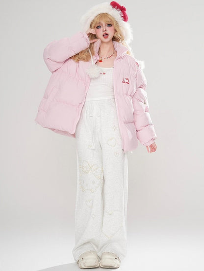 White/Pink Kitties Embroidery High Neck Puffer Jacket