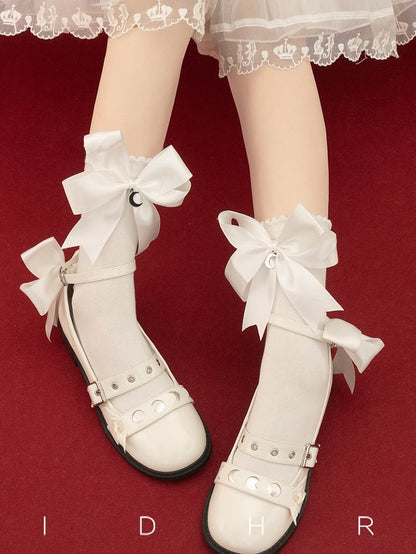 Black White Crescent Moon Charms Bownkot Lolita Socks