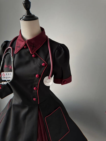 Black and Red Halloween Costume Nurse Lolita Dress Full Set