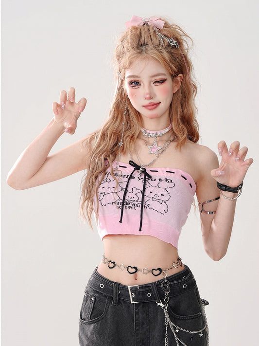 Bow Tie Top Print Bunny Tube Crop Pink - in Gyaru Front with Style
