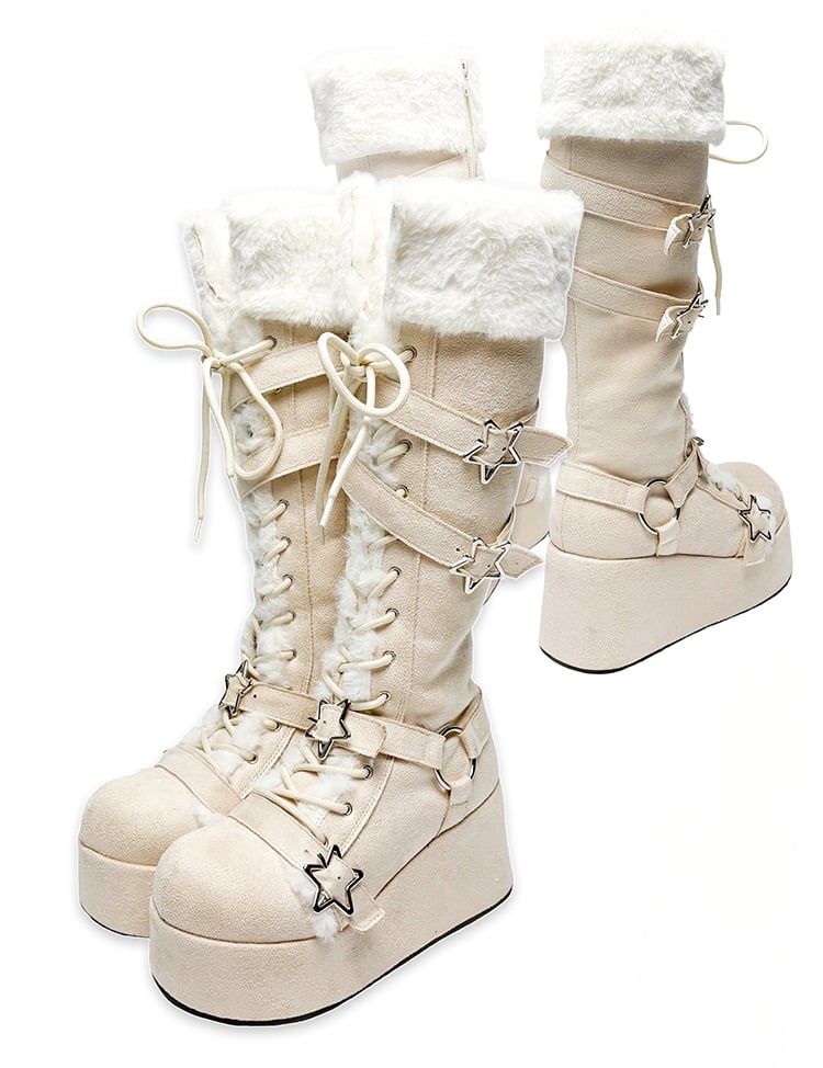 Y2K Creamy White Star Buckle Straps Plush Trim Platform Boots