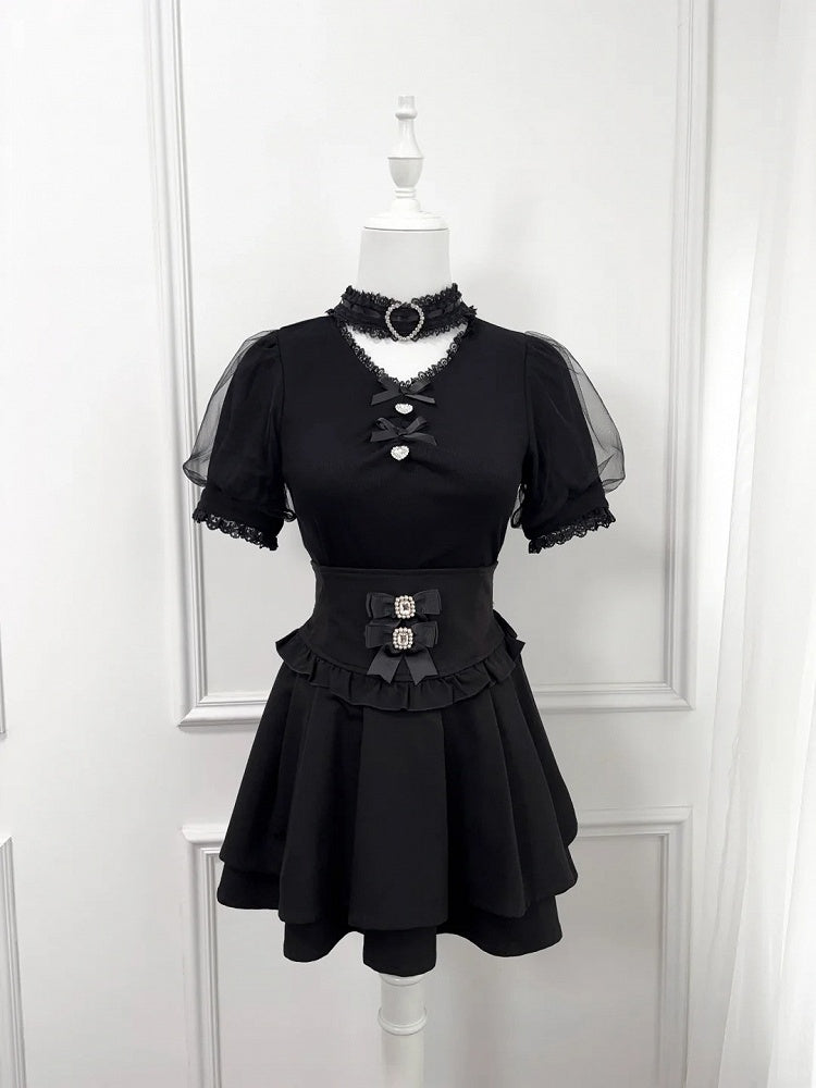 Jirai Kei Blouse Black Design Bowknot and Rhinestone Decoration Choker