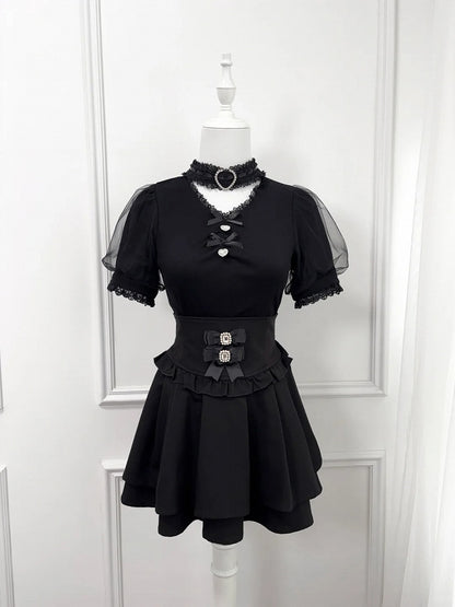 Jirai Kei Blouse Black Design Bowknot and Rhinestone Decoration Choker