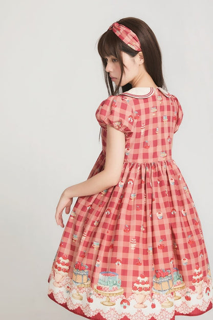 Red High Waist Cherry and Dessert Sweet Lolita Gingham Dress