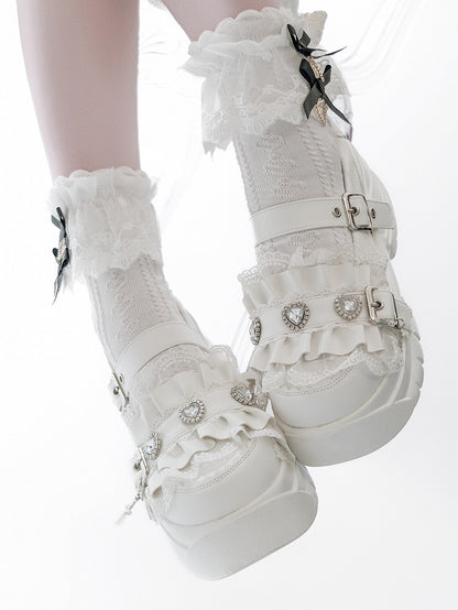 Platforms Heart Cross Rhinestone White Ruffles Charm Details Trim Bittersweet