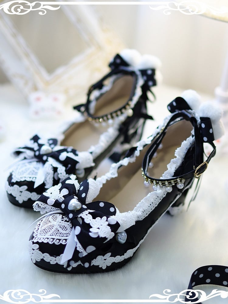Block Black Lolita Decorated Bunny Bow Plush Shoes 8CM Sweet at Top Heels