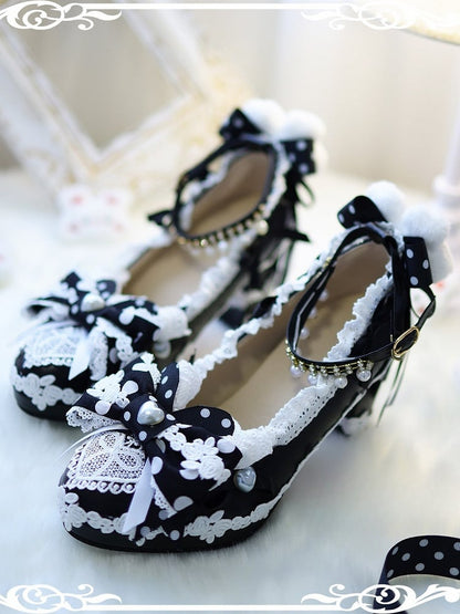 Block Black Lolita Decorated Bunny Bow Plush Shoes 8CM Sweet at Top Heels