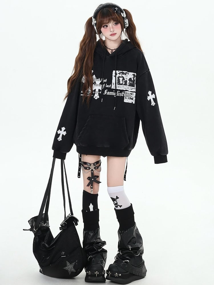 Black/Wine Red Crosses Print Graphic Hoodie