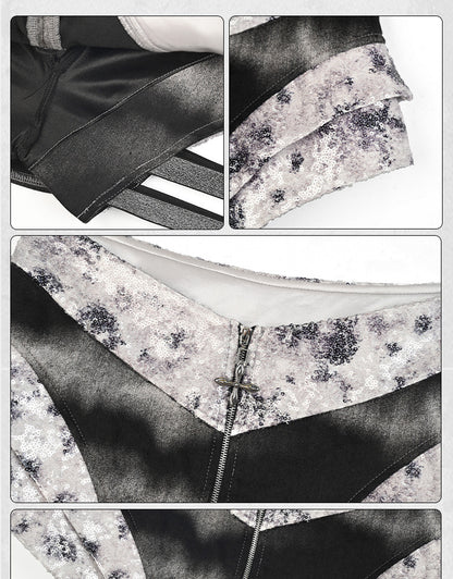 Fashion Asymmetrical Skort Y3K Futuristic Black and Silver Low-Waist Side Elastic Bands Cyberpunk