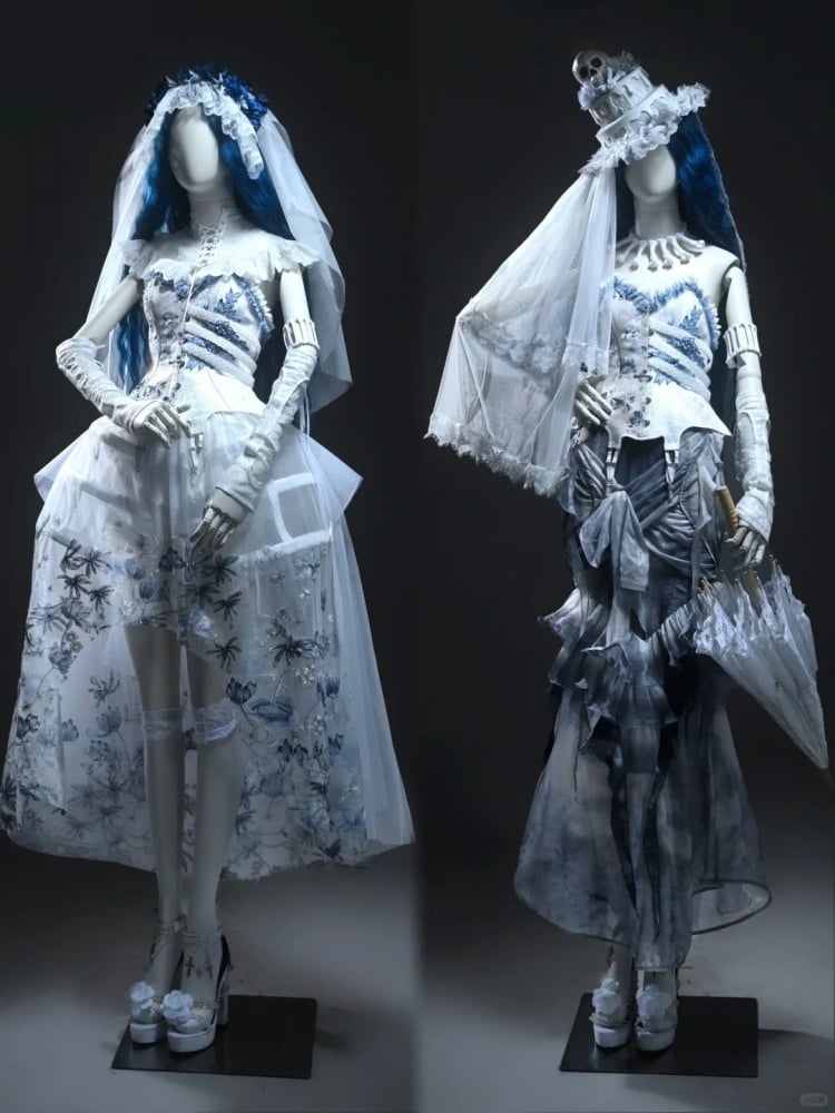 Half White Half Dusty Blue Corpse Bride Floral Corset Top