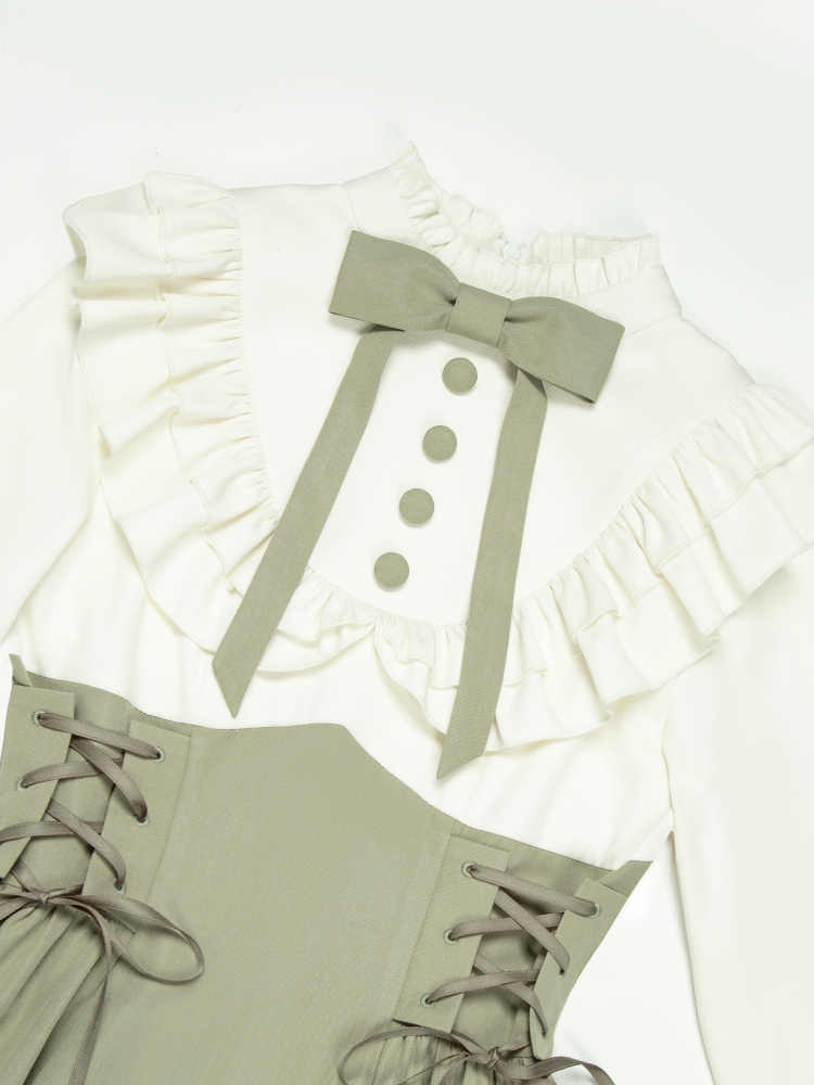 Light Green and Beige Ruffle Neckline Long Sleeves Spring Classic Lolita Dress Fake Two-pieces