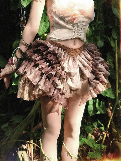 Brown Low Goth Shorts with Lining Tiered Fairy Waist Skirt Tie Ruffles Dye