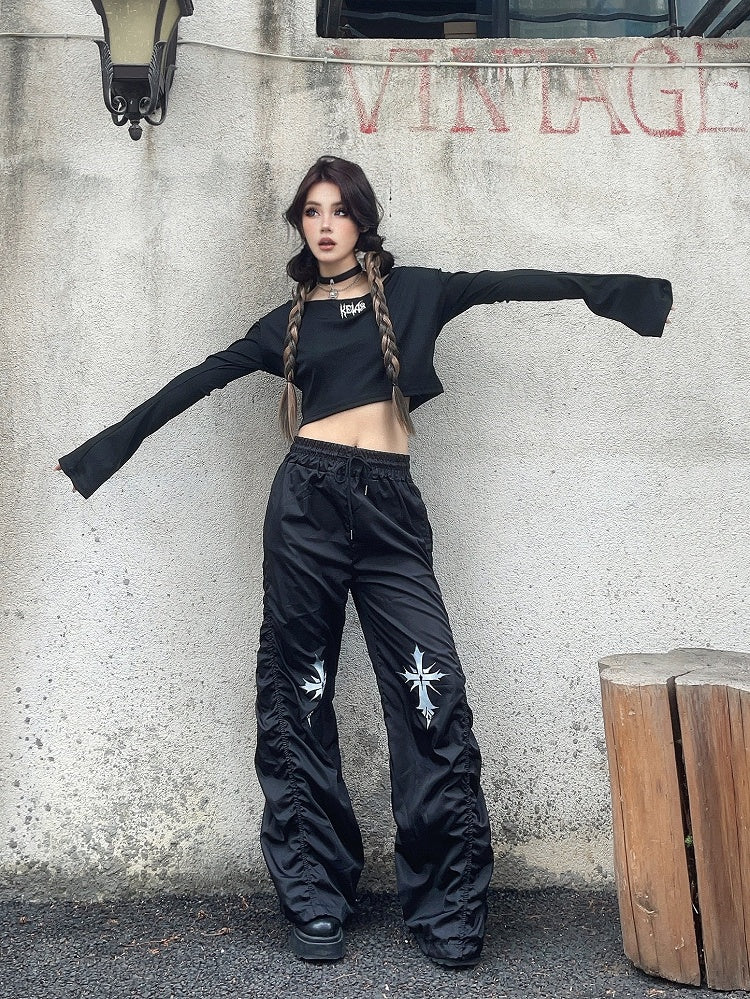 Waist Cross Print Design Drawstring Black Ruched Casual Pants
