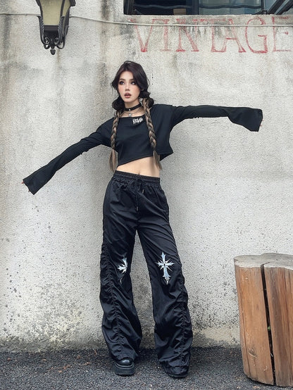 Waist Cross Print Design Drawstring Black Ruched Casual Pants