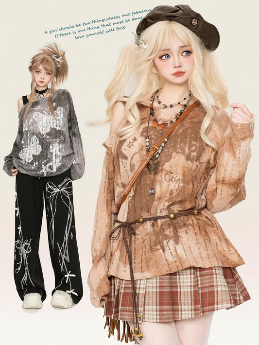 Haut tie-dye à encolure asymétrique et papillons gris/marron