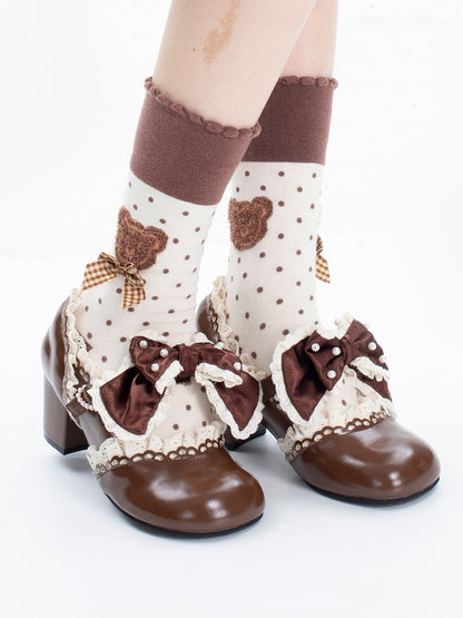 Brown Beaded Lolita Leather in Bow Trim Mid-heel Janes Heart Lace with Beads Mary Buckle Decorated PU