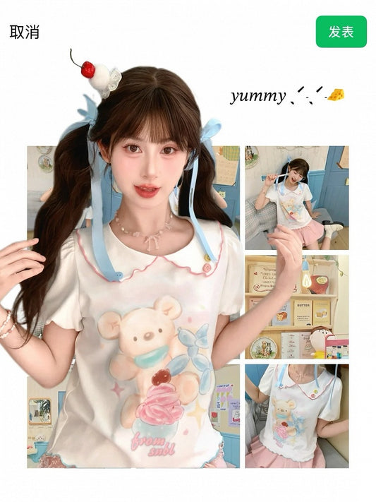Cartoon Bear Print Hem White Peter Pan Collar Puff Sleeve Contrast Lettuce T-Shirt