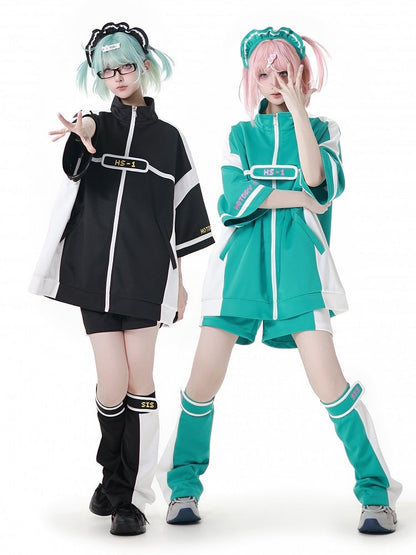White Colorblock Design Jirai Kei Sports Shorts Black