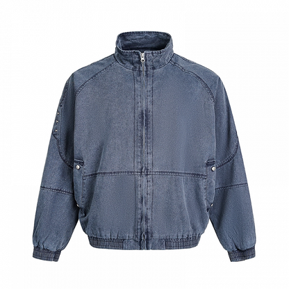 Design Banded Collar Faded Wash Distressed Blue/Apricot Jacket Autumn Zip-up