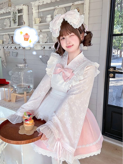 Pink & White Sakura Jirai Kei Full Set-Bell Sleeves Top+Puff Skirt+Apron Cherry Blossom Festival Wa Style Outfit