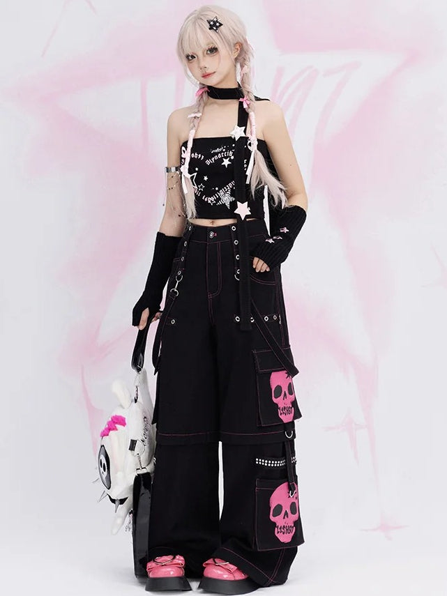 Y2K Black Skeleton Cargo Pockets Straps Design Wide-leg Cut Jeans