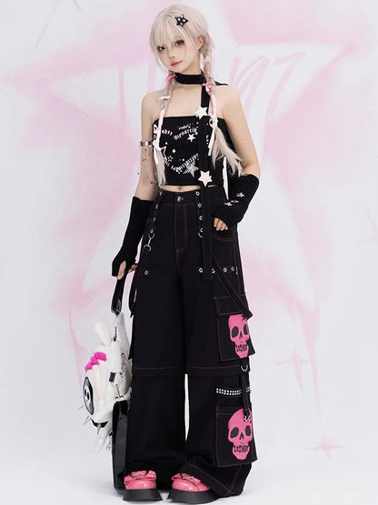 Y2K Black Skeleton Cargo Pockets Straps Design Wide-leg Cut Jeans