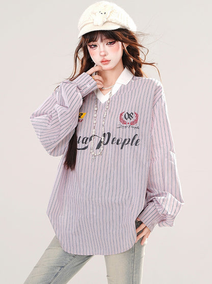 Blue/Pink Letters Embroidery V-neck Striped Loose Top