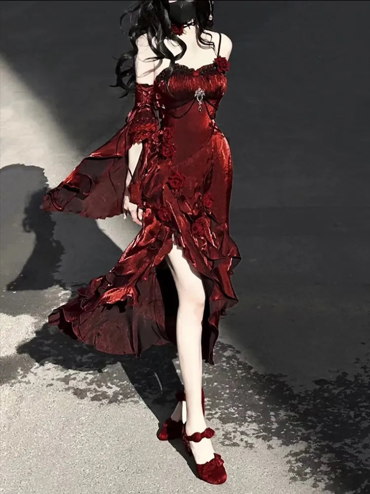 Flounce Sleeves Gown Mermaid Dress Rosette Evening Detachable with Red Burgundy