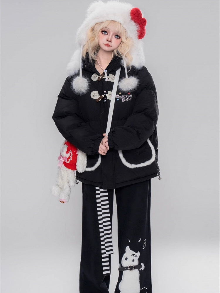 Black/Pink Letters Cat Ears Design Hooded Puffer Jacket
