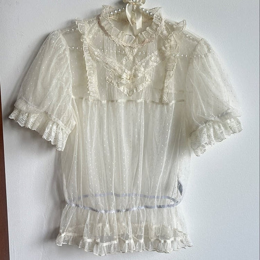 Top Plus Sizes Sheer Tulle Ruffle Available Neckline Dotted
