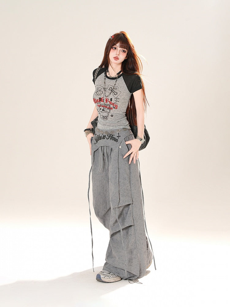 Accessory Pink/Gray Drawstring Wide-Leg Pants with Waist