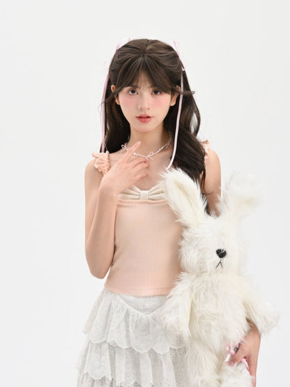 Tank Top Pink Flutter Sleeves Bowknot Design Neckline