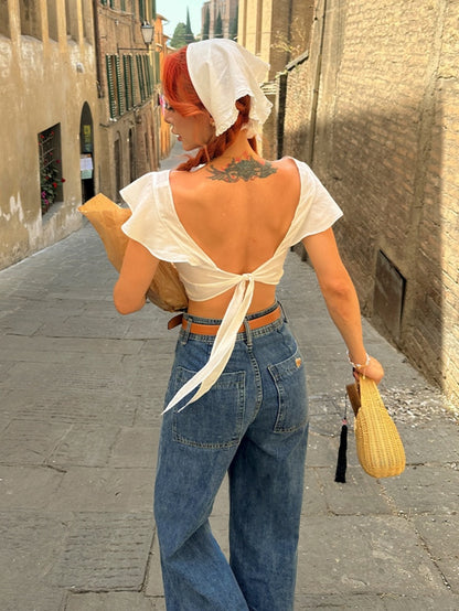 Vintage White Hollowed-out Cropped Top