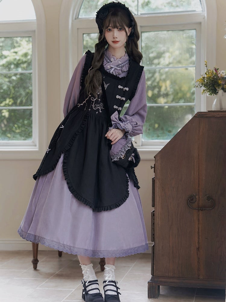 Purple Lily of the Valley Black Scalloped Edge Trim Hem Apron