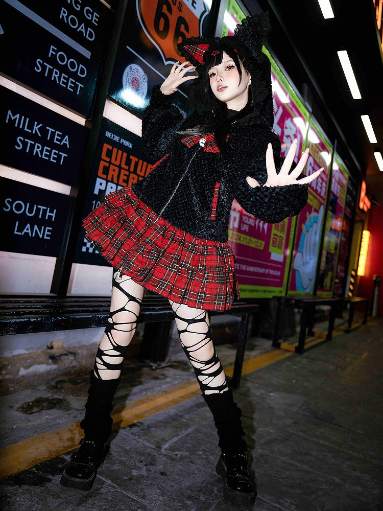 Black Kitty Ears Hooded Plush Jacket Bodice and Red Plaid Skirt Hem Zip Placket Dress