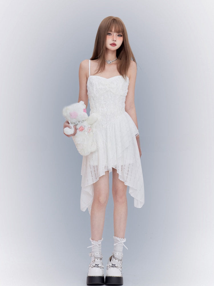 White Asymmetrical Waistline Handkerchief Hem Spaghetti Strap Dress