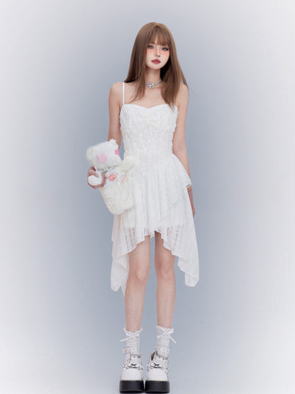 White Asymmetrical Waistline Handkerchief Hem Spaghetti Strap Dress