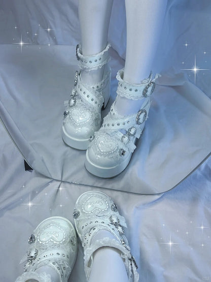 Heel White with Lace-Trimmed Jirai Cross Toe Kei Strap Round Block Platform Shoes: and Chunky