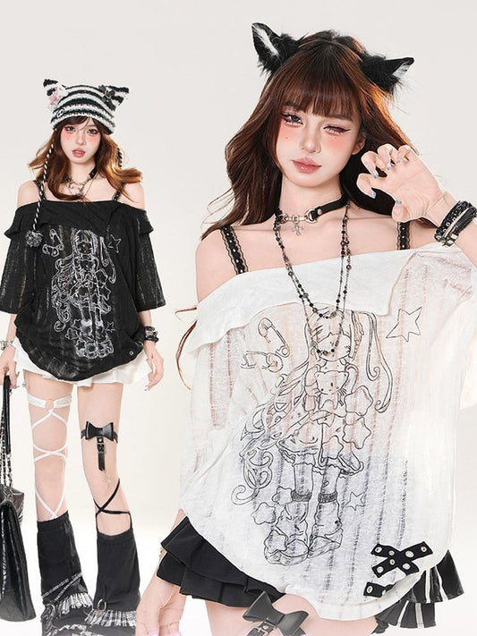 Ausschnitt Lose Schwarz/Weiß Mädchen Print T-shirt Off-the-shoulder