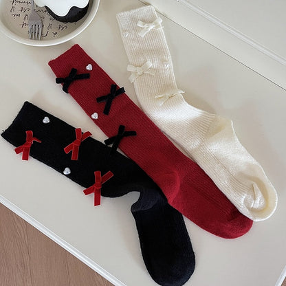 White Lolita Bowknot Heart Calf Socks