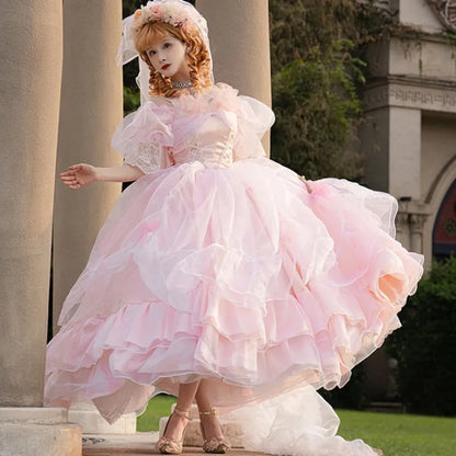 Hanayome Verfügbares rosafarbenes baskisches Taillen-Schnürkleid, wunderschönes Hime-Kleid in Übergrößen