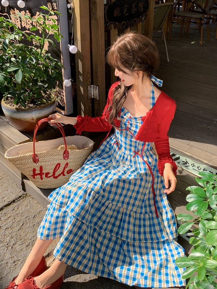 Knit Cardigan with Self-tie Strap Vintage Sweet Red Ruffled Cuffs