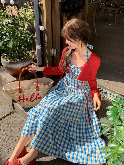 Knit Cardigan with Self-tie Strap Vintage Sweet Red Ruffled Cuffs